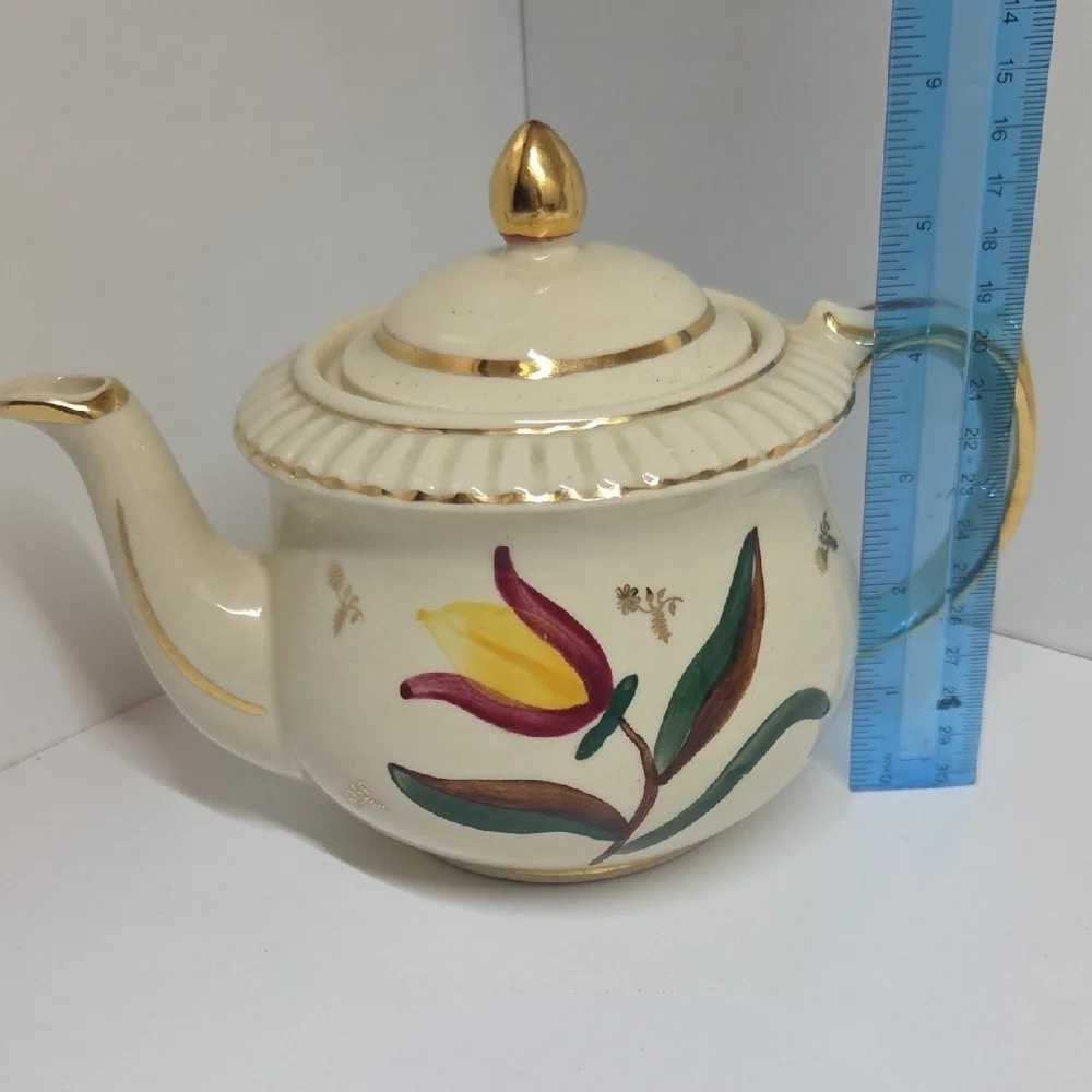 Floral Cream Teapot with Gold Accents